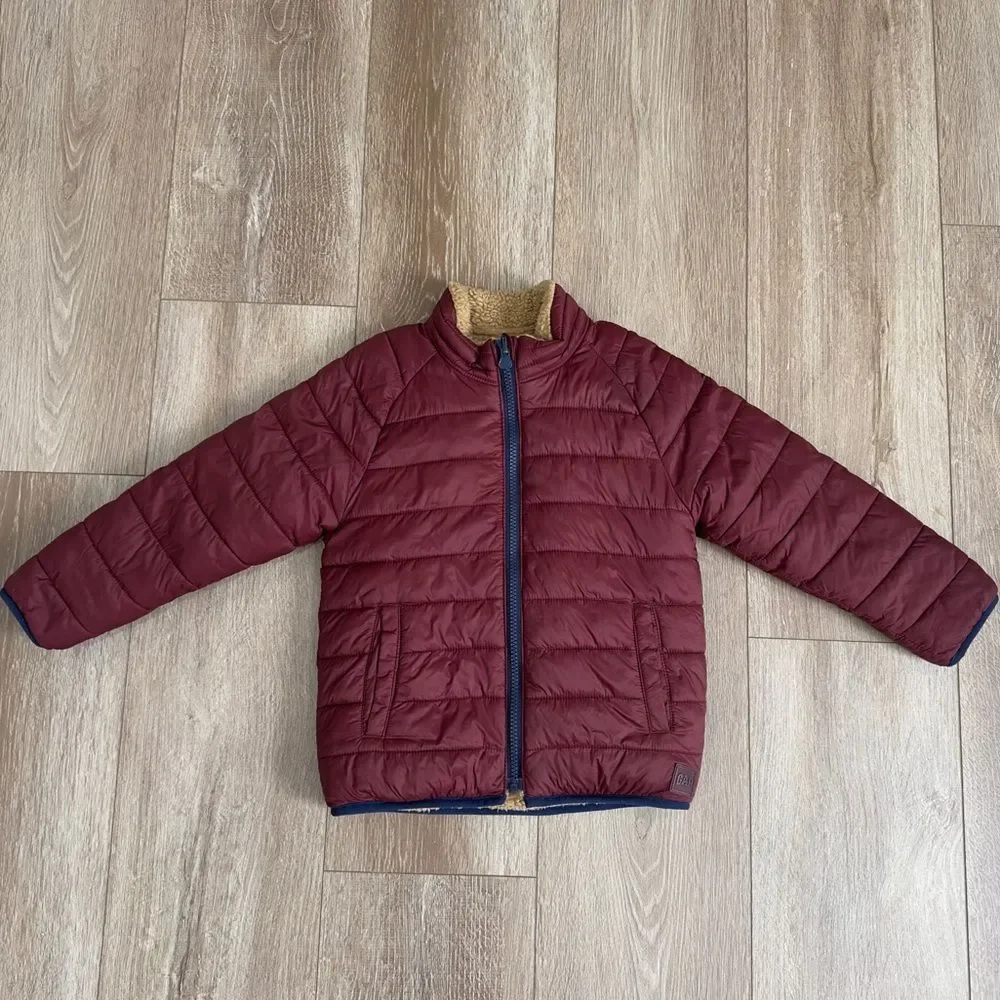 Gap Kids Reversible Puffer Sherpa Jacket Size 5 Years Brown Dark Claret